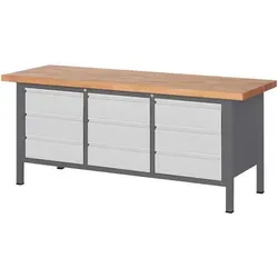 STIER Höhenverstellbare Werkbank Premium - Kastenwerkbank mit 9 Schubladen, belastbar bis 1250 kg, ideal für Werkstatt und Produktion. Robuste Massiv-Buche Arbeitsplatte und integrierte Höheneinstellung.