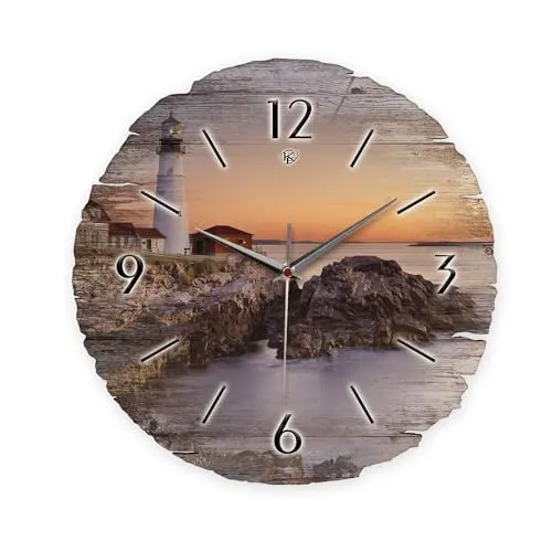 Kreative Feder Runde Wanduhr „Leuchtturm“ aus Naturholz - Exklusive Wanduhren aus Naturholz mit flüsterleisem Uhrwerk; Durchmesser 30cm, ideal für ruhige Räume und als stilvolles Geschenk.
