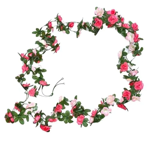 Noaxylic 2 Stück Künstliche Rosengirlande, 2.45 m Blumengirlande Deko, Künstliche Rosenranken, Pflanzen Hängend Draußen, für Hochzeit Zuhause Raumdekoration Frühling Herbst Gartenbogen (Pink)