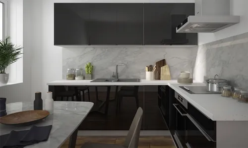 L-Form Küchenzeile ESSEN 230x210cm - Hochglanz grau schwarz - Einbauküche in L-Form, modern mit Soft-Close-Türen und eleganten Zungengriffen. Ideal für effizientes Kochen und stilvolles Wohnen.