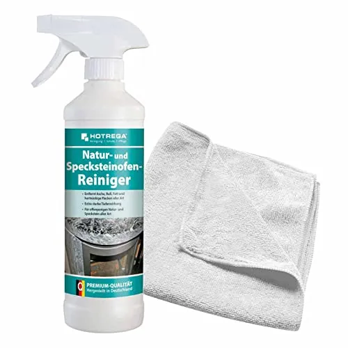 HOTREGA Natur- & Specksteinofen Reiniger 500 ml - Küchenreiniger, entfernt tiefenwirksam Asche, Ruß und Fett und enthält ein Microfasertuch für eine einfache Anwendung.
