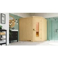 Weka Element-Ecksauna Varberg 3 o. Ofen Holztür - Massivholzsauna mit platzsparendem Design für optimale Raumnutzung. Einfache Montage und energiesparende Isolierung sorgen für maximalen Komfort und ein angenehmes Saunaerlebnis.