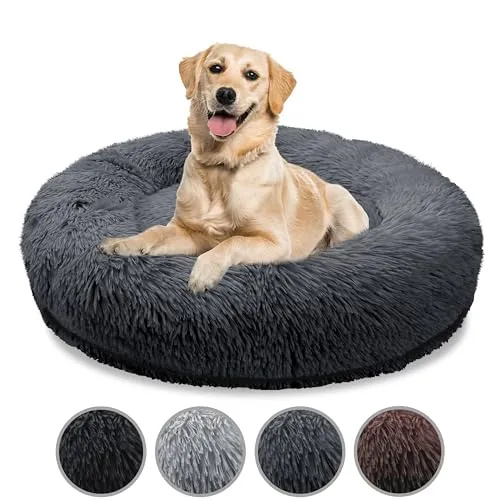 bluzelle Orthopädisches Hundebett für Grosse Hunde, 120cm Donut Kissen Waschbar Memory Foam Rund, Hundekorb Hundekissen Flauschig Plüsch Kunstfell Weich, Farbe:Dunkel-Grau