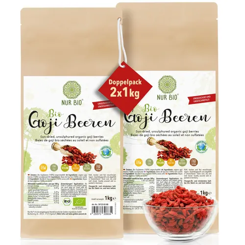Bio Goji Beeren 2 x 1 kg - Sonnengetrocknete, ungezuckerte Superfrucht - Trockenfrüchte & -gemüse, reich an Antioxidantien und ideal für eine gesunde Ernährung, Bio zertifiziert und in Deutschland hergestellt.
