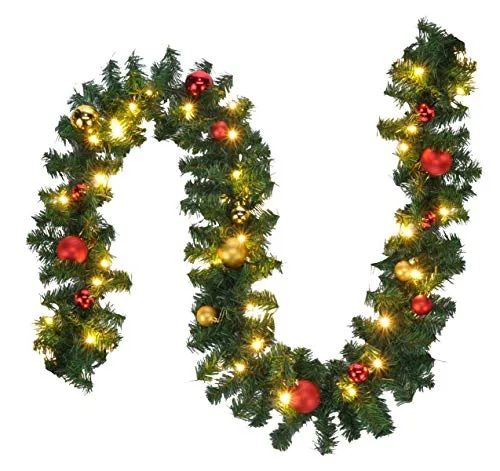 Bambelaa! Beleuchtete Tannengirlande Grün mit Lichterkette – 5m Weihnachtsdeko - Die Bambelaa! Tannengirlande mit 36 roten und goldenen Christbaumkugeln und 80 warmweißen LEDs bringt festliche Stimmung in Ihr Zuhause. Ideal für Balkon, Fenster oder Eingang – für drinnen und draußen geeignet.