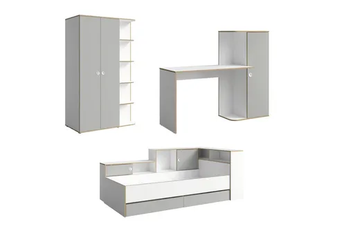 Deine Möbel 24 Jugendzimmer-Set PAXO 3-tlg. inkl. Bett 90x200 cm, Kleiderschrank & Schreibtisch - Modernes Jugendzimmer-Set PAXO – ideal für Ordnung und Stil. Mit harmonischen Farben in Weiß/Grau und Eichenoptik bietet es viel Stauraum und eine praktische Ausstattung für jedes Kinderzimmer.