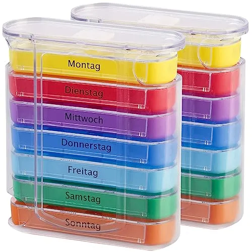 newgen medicals Medikamentenbox: 2er-Set bunte Medikamenten-Boxen für 7 Tage, je 4 Fächer, beschriftet (Tablettenbox, Pillenbox, Gesundheit)