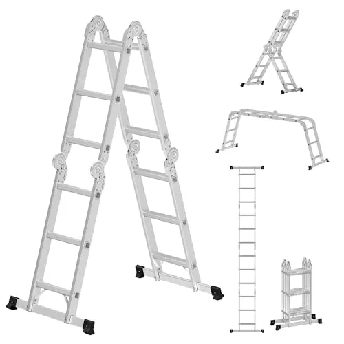 SONGMICS 4 x 3 Stufen Aluleiter, Mehrzweckleiter bis 150 kg - Mehrzweckleiter in 6 Positionen, aus robustem Flugzeug-Aluminium, rostbeständig und klappbar für einfachen Transport und platzsparende Lagerung.