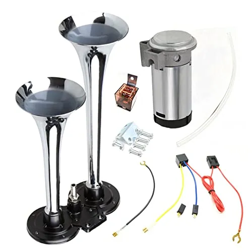 YIYIDA Auto Horn Air Horn 150DB Lautsprecher Chrom Zink Doppeltrompete Silber Lautsprecher Truck Horn Truck Air Horn mit Kompressor Car Horn Lautsprecher für 24V Auto yacht LKW Boot Moto Vans etc