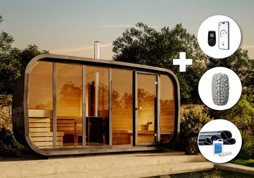 FinnTherm Sauna-Komplettset Fasssauna ScandiCube Space - Außensauna für 10 Personen, 42 mm Wandstärke, inkl. Saunaofen und Zubehör für maximale Entspannung