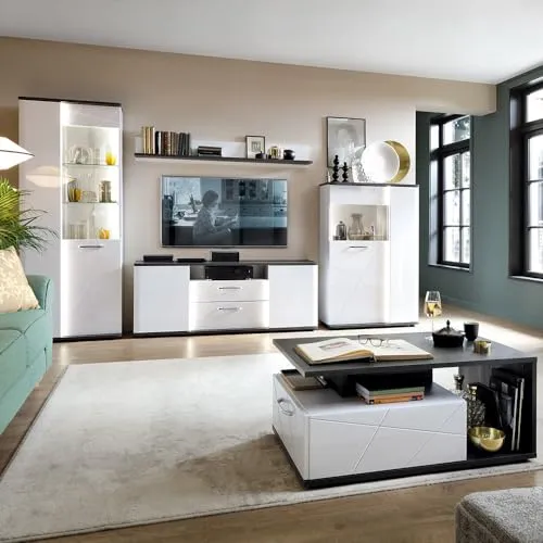 Lomadox Wohnwand Set 5-teilig in Weiß Hochglanz - Modernes Wohnmöbel Set für dein Wohnzimmer: 1 Vitrine, 1 Lowboard, 1 Highboard, 1 Wandboard und 1 Couchtisch mit eleganter Beleuchtung. Hochwertige Verarbeitung und zeitloses Design sorgen für stilvolle Akzente.