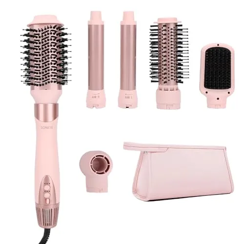 Sonew 6-in-1 Multi Hairstyler & Airstyler, 110.000 U/min Ionen-Haarstyler mit Föhn, 32mm Automatischer Lockenwalze, 68mm Ovale Warmluftbürste, 32mm Rund Warmluftbürste, Glättbürste