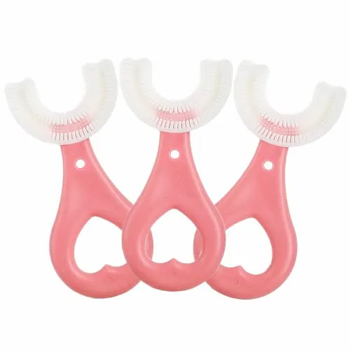 Derhom [3er Pack] U-förmige Ganzmund-Zahnbürste für Kinder[Rundumreinigung][Massagegummis mit Silikonborsten][Geeignet für Kinder] (2-6 Jahre Alt, Rosa)
