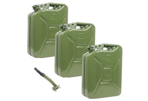 TRUTZHOLM Kanister 3x 20l - Stabiler Benzinkanister aus Metall - 3er Set olivgrüne Metallkanister, ideal für Benzin und Diesel. Robuste Bauweise mit 0,8mm Metallstärke und flexiblem Ausgießer für einfachen Transport.