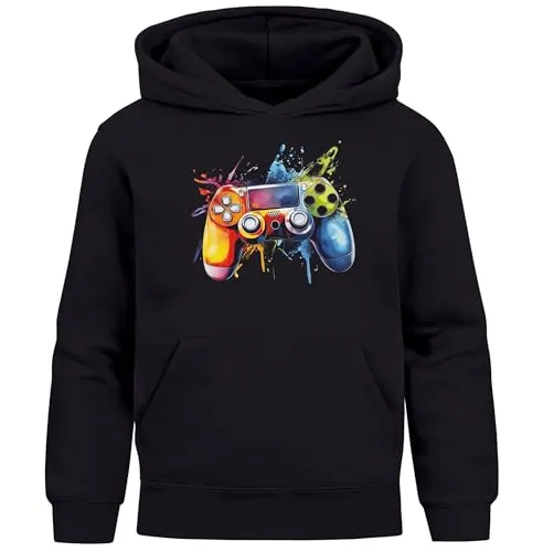 MoonWorks® Kinder Hoodie Jungen Gaming Zocken Spielekonsole Aufdruck Print Kapuzenpullover schwarz 128