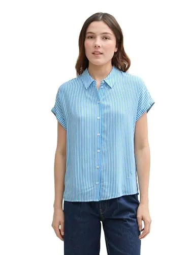 TOM TAILOR Denim Damen Kurzarm-Bluse mit Muster - Blusen & Tuniken für Damen, aus nachhaltiger Viskose, bietet hohen Tragekomfort und eine weiche Haptik. Ideal für lässige Sommerlooks.