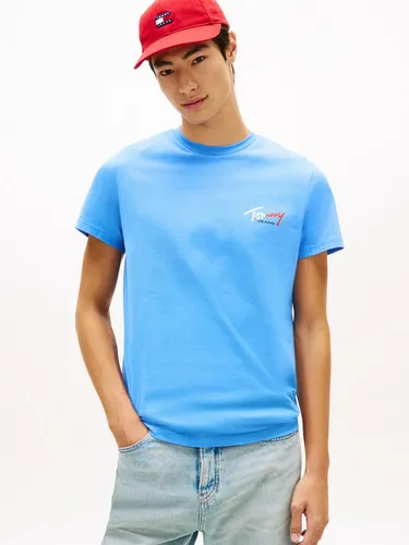 Tommy Jeans Herren T-Shirt Kurzarm Slim Sign Chest mit Logo, Blau (Blue Twilight), S - KOMFORTABEL & STILVOLL: Das kurzärmlige T-Shirt aus 100% Baumwolle bietet hohen Tragekomfort und passt ideal zu jedem Freizeit-Look. Das ikonische Tommy Jeans Logo auf der Brust verleiht deinem Outfit das gewisse Etwas.