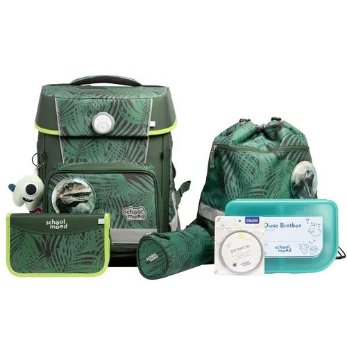 SCHOOL-MOOD Champion Maxx Pro Schulranzenset - Ergonomisches 7-teiliges Set mit Dinosaurier Design - Schulranzen mit Grow with You System für Körpergrößen von 1 m bis 1,50 m, wasserdicht und mit Reflektoren für maximale Sicherheit im Straßenverkehr.