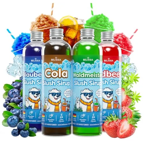 Belissia Slush Eis Sirup 4x250ml Konzentrat | Blaubeer, Cola, Waldmeister, Erdbeer | sehr ergiebig in knalligen Farben (1:5) | Glycerin frei – für Slush-Eis
