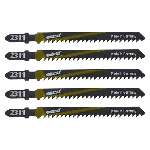 wolfcraft 5 Stichsägeblätter HCS I 2361000 I Ideal für Tischlerplatte, Sperrholz, Weichholz I schnelle, grobe Schnitte I Kompatibel mit AEG, Bosch, Makita