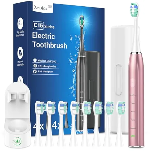 Elektrische Zahnbürste Schallzahnbürste für Erwachsene - Whitening Ultraschall Zahnbürste mit Reiseetui - Elektrische Zahnbürste mit 5 Putzmodi und 40.000 VPM für 5x gründlichere Reinigung, inklusive 8 Ersatzbürsten und 60 Tage Akkulaufzeit – ideal für Zuhause und Reisen.
