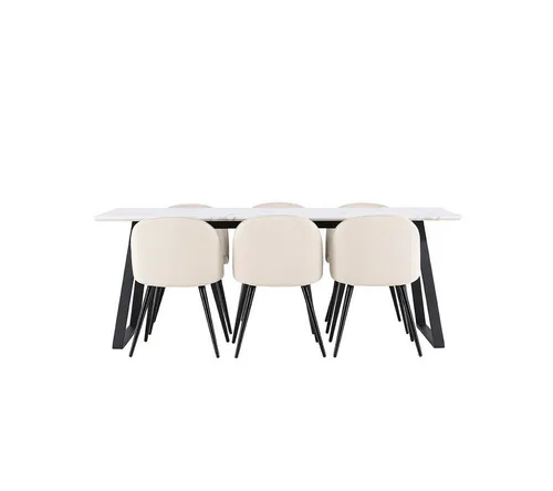 ebuy24 Essgruppe Malaga - 7-teiliges Set mit 90x200cm Esstisch in Weiß und Beige - Essgruppen für stilvolle Esszimmer, inklusive 6 bequemen Stühlen und einem eleganten Tisch – perfekt für gesellige Abende!