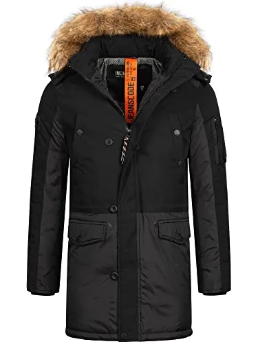 Indicode Herren Jarl Winterparka mit abnehmbarer Kunstfell-Kapuze und Stehkragen | warme dicke Winterjacke Black, XXL
