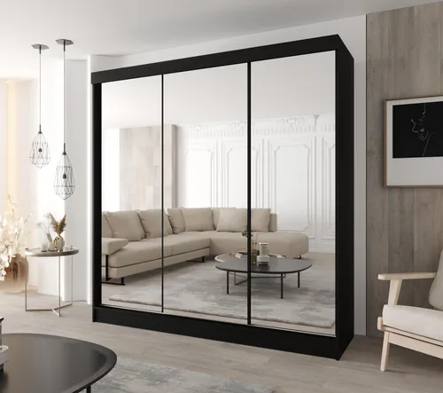 Moderner 3-türiger Schwebetürenschrank 170 × 205 cm – Schwarz mit 3 Spiegeln und 4 Schubladen für Schlafzimmer & Flur