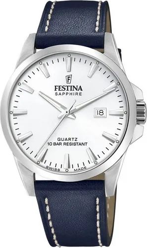 Festina Herren Uhr F20025/2 - Swiss Made - Elegante Armbanduhr für Herren mit Edelstahlgehäuse und blauem Lederarmband, 10 bar wasserdicht und stilvolles Zifferblatt in Silber.