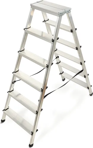 KADAX Klapptrittleiter 6-stufig, rutschfest und belastbar bis 125 kg - Leitern für Innen und Außen, stabile Aluleiter mit breiter Standfläche für sicheres Arbeiten auf kleinen Höhen, ideal für Hobbyhandwerker und im Haushalt.