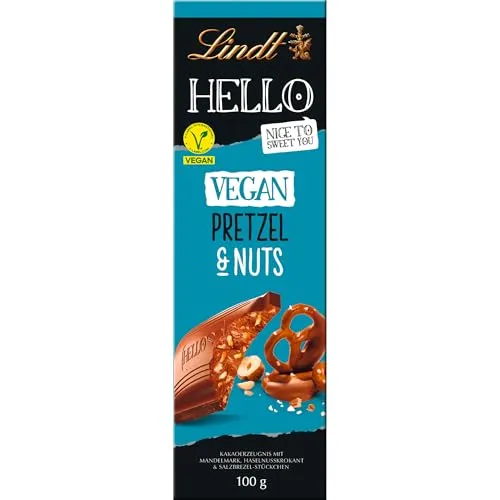 Lindt Schokolade HELLO Tafel Vegan Pretzel & Nuts | 100 g | Vegan mit Kakao, mildem Mandelmark, Haselnusskrokant & Salzbrezel-Stückchen | Schokoladengeschenk