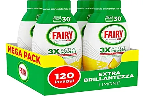 Fairy Geschirrspülmittel Flüssiggel 120 Waschmaschinen, Packung mit 4 Flaschen, Platinum Zitrone, spendet extra Glanz und Spülmaschine, kombiniert Reinigung Glanz und Frische