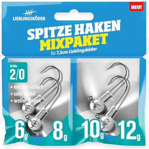 Lieblingsköder Spitze Haken Mixpaket 2/0-4 Jigköpfe für Gummifische, Bleiköpfe für Gummiköder, Jig Heads