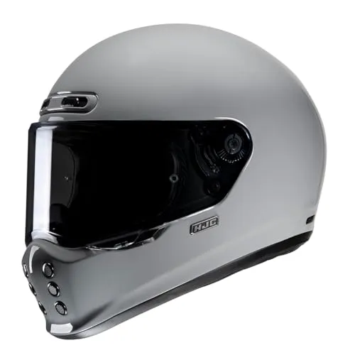 HJC V10 Solid Helm in Grau, Größe L für Männer - Motorradhelm mit fortschrittlicher Fiberglas-Schale für Leichtigkeit und Komfort. Ausgestattet mit Notfallwangenpolstern für schnelle Entfernung in Notsituationen und einfachem Visierwechsel ohne Werkzeug.