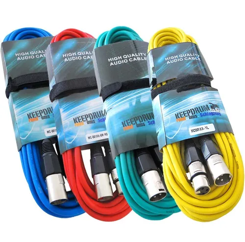 keepdrum 4X Mikrofonkabel Set 6m - Bunte XLR Kabel für kreative Aufnahmen - Mikrofonkabel Set mit 4x 6m XLR Kabeln in Rot, Blau, Grün und Gelb. Ideal für kreative Aufnahmen und Live-Performances, hochwertige Stecker für optimale Signalübertragung.