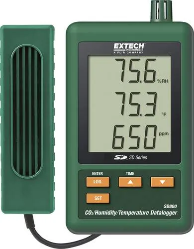 Extech SD800 CO2-, Luftfeuchte- und Temperatur-Datenlogger - Messgeräte zur präzisen Überwachung von CO2, Temperatur und Luftfeuchtigkeit, mit wartungsfreiem NDIR-Sensor und SD-Karten-Speicher für einfache Datenübertragung.