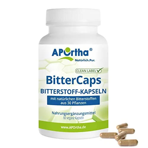 APOrtha® BitterCaps Bitterstoffe-Kapseln, 60 vegane Kapseln, aus 30 Pflanzenstoffen, kein bitterer Geschmack, alkoholfrei, vegan, glutenfrei, laktosefrei, allergenfrei