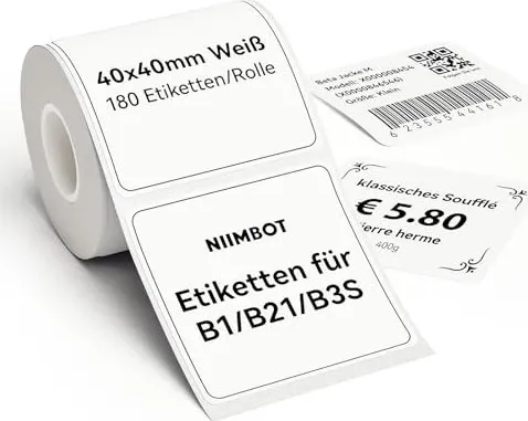 Niimbot Etiketten R 40 mm x 40 mm - 180 Stück Weiß für B21, 180 Stk