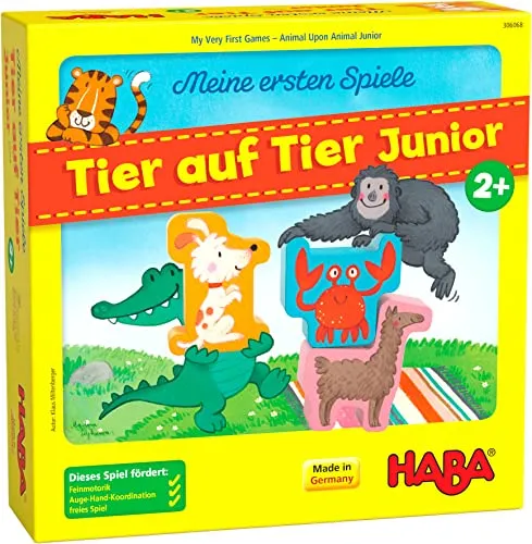 Meine ersten Spiele - Tier auf Tier Junior (Kinderspiel) - Gesellschaftsspiel für Kinder ab 2 Jahren, fördert Geschicklichkeit und Regelverständnis mit hochwertigen Holzfiguren und abwechslungsreichen Spielvarianten.