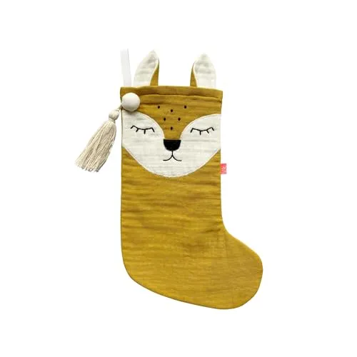 kikadu Nikolausstiefel Rehkitz Senfgelb - Nikolausstrümpfe aus 100% GOTS zertifizierter Bio-Baumwolle, mit niedlichem Rehkitzgesicht, ideal zum Befüllen mit Geschenken und Leckereien.