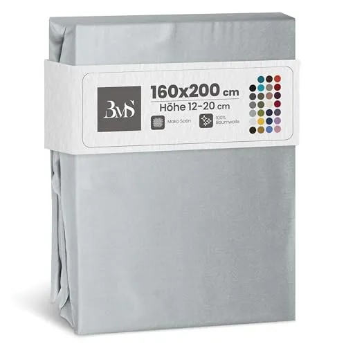 Bettwaesche-mit-Stil Mako Satin Spannbettlaken Spannlaken Spannbetttuch (160 cm x 200 cm, Matratzenhöhe 12-20 cm, Grau)