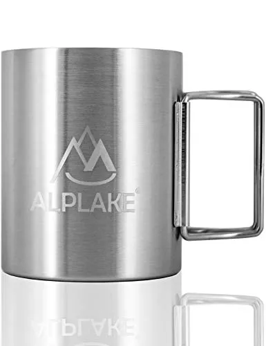 ALPLAKE Doppelwandige Edelstahl-Tasse, Metall-Becher, Klapp-Griff, 250 ml
