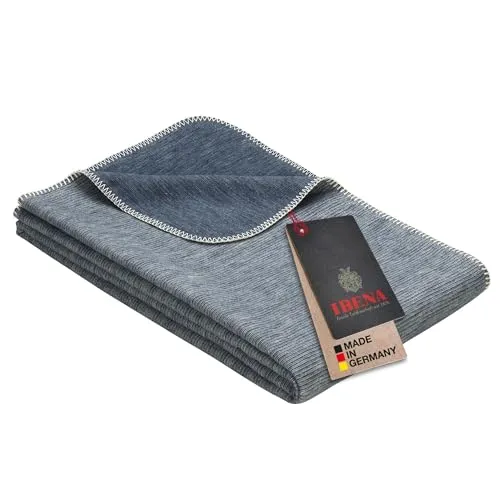 Ibena Wolldecke Lausanne 140x200 cm – Baumwolldecke blau aus Biobaumwolle, Sommerdecke angenehm weich und leicht, Made in Germany