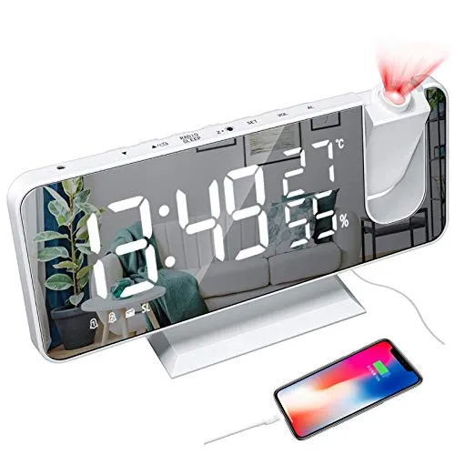 YUNYODA Projektionswecker, digitaler LED-Wecker mit Spiegelfläche, USB-Ladeanschluss, Wiederholung, Dual-Alarm, FM-Radio, 3 Dimmmodus, Luftfeuchtigkeit der Temperatur, Einstellung 12/24 Stunden