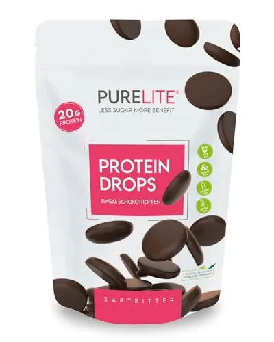 PURELITE Protein Drops zartbitter, vegan, proteinreich (20 g/100 g), ohne Zuckerzusatz, gesüßt mit Erythrit & Stevia, 60% Kakao – ideal zum Snacken, Backen & Schmelzen, 450 g