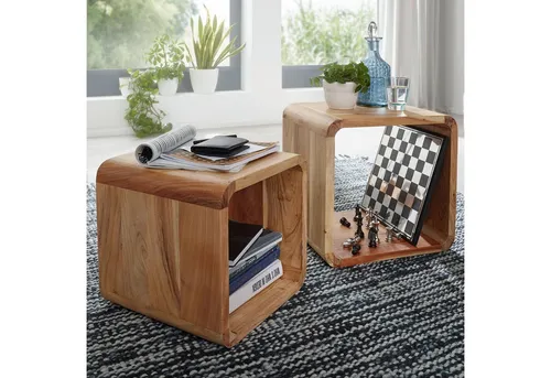 FINEBUY Satztisch FB43514 - 2er Set Beistelltische aus massivem Akazienholz - Ablagetische aus hochwertigem Akazienholz, modernes Design mit 2 Ablageböden, ideal für stilvolle Wohnräume.