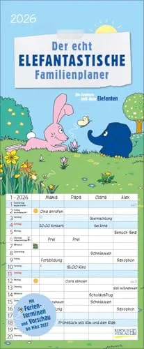 Der echt elefantastische Familienplaner 2026: Familienplaner mit 3 breiten Spalten. Familienkalender mit farbigen Wochen, Ferienterminen, Vorschau bis März 2027.