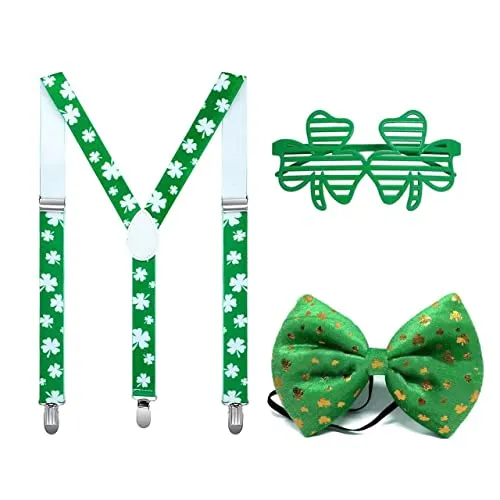 St. Patrick´s Day Costume Accessories 3 Stück Hosenträger Brille Fliege mit Kleemuster Kostüm Accessoire Motto-Party Karneval
