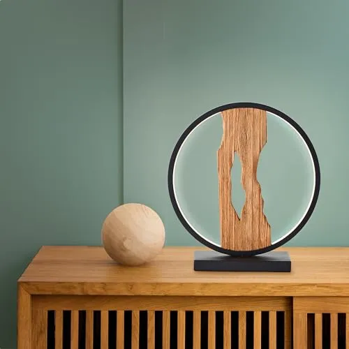 Lightbox LED Tischlampe mit 28 cm Höhe - zeitlose Tischleuchte mit Schalter - 7,5 W - 850 lm - 3000 K - aus Aluminium/Metall/Holz aus Monterey-Kiefer in Schwarz/Braun