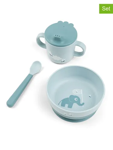 Foodie Elphee Schüssel mit Löffel und Becher blau 3 El. - Kinderbesteck-Set aus hochwertigem Polypropylen, langlebig und schadstofffrei. Ideal für die ersten Mahlzeiten, mikrowellengeeignet für schnelles Aufwärmen.